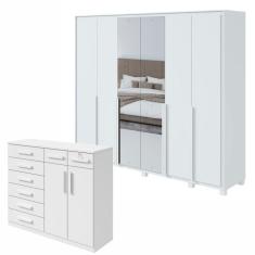 Conjunto de Guarda-Roupa 6 Portas com Espelho e Pés Imperatore com Cômoda Toronto Branco