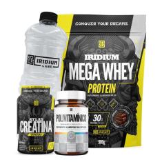 Mega Whey + Atlas Creatina 60 Caps + Polivitamínico 30 caps  + Galão Cristal 1L-Unissex