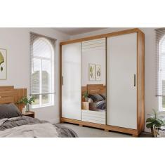 Guarda Roupa Casal 3 Portas de Correr e 4 Gavetas c/ Espelho Búzios Avelã/Off White - Panan