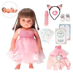 Boneca bebê reborn menina silicone olhos castanhos 42cm