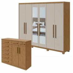 Conjunto de Guarda-roupa 6 Portas com Espelho e Pés Áries e Cômoda Toronto Amêndoa Clean/off White