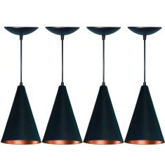 Kit 4 Luminárias Pendente Cone em Alumínio Preto Fosco/Cobre