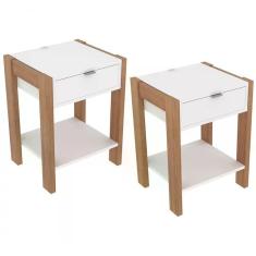 Kit 02 Mesa De Cabeceira Com Tomada 1 Gaveta Az1016 Amendoa