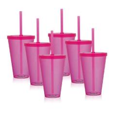 Kit 6 Copos Com Tampa E Canudo Rosa Acrílico Ps - Krystalon