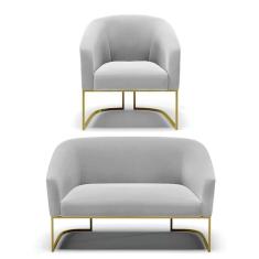 Namoradeira E Poltrona Base Industrial Dourado Stella Suede Cinza D03 - D`rossi