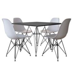 Conjunto Jantar Eames De Ferro Preto E Tampo Quadrado Preto 90cm 4 Cad