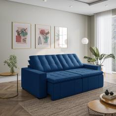 Sofá Cama Retrátil E Reclinável 3 Lugares 260cm Em Veludo Com Molas E Braço Reto Palmeira Cabecasa M Azul