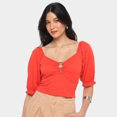 Blusa Lecimar Cropped Princesa Com Argola Manga 3/4 Feminina-Feminino