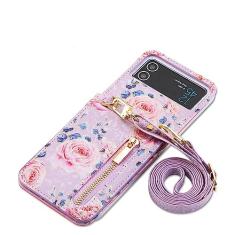 Capa transversal para celular para Samsung Galaxy Z Flip 4 3 5G Flip4 Flip3 Retro Rose Slot para cartões Capa de couro com cordão, roxo, para Galaxy Z Flip4 5G