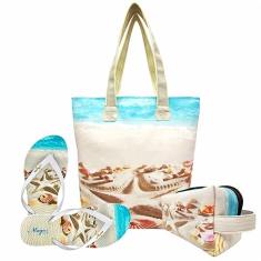 Kit Praia Feminino Conchas na Areia com Bolsa, Necessaire e Chinelo, Magicc KIT-200