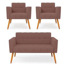 Kit 1 Sofá Namoradeira e 2 Poltronas Elisa Veludo Pés Palito Castanho - D`Rossi