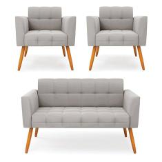 Kit 1 Sofá Namoradeira e 2 Poltronas Elisa Veludo Pés Palito Castanho - D`Rossi