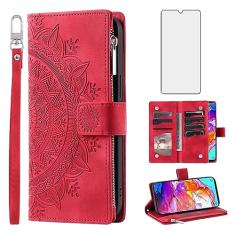 Asuwish Capa de telefone para Samsung Galaxy A70 Capa carteira com protetor de tela de vidro temperado e alça de pulso Mandala flor flip zíper porta-cartões suporte celular A70S A 70 70A S70 mulheres