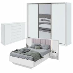 Quarto com Guarda-Roupa com Espelho 3 Portas 6 Gavetas, Cômoda 2 Portas 7 Gavetas e Cama Solaris Branco