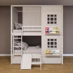 Beliche Casinha Reta com 02 Janelas 02 Gavetas Cortina e Escorregador 