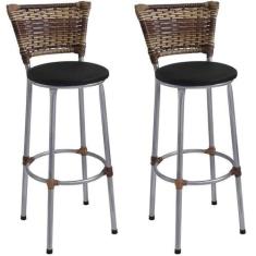 Kit 2 Banquetas Alta Prata Junco Capuccino com Assento Preto Fortmix