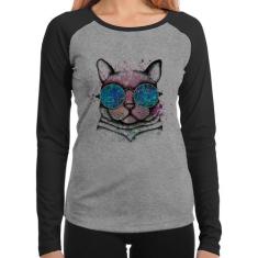 Baby Look Raglan Gato de Óculos Psicodélico Manga Longa - Foca na Moda