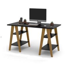 Mesa Escrivaninha Cavalete 1,35x0,66 Tampo 30mm 4 Prateleiras Preto pé