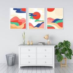 Kit 3 Quadros Abstratos Montanhas Multicoloridas 45X34Cm