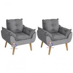 Kit 02 Poltrona/cadeira Decorativa Glamour Com Pés Quadrado Cinza