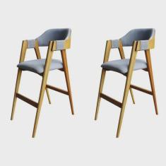 Kit 2 Banquetas Laura Madeira Maciça de Eucalipto Verniz Linho