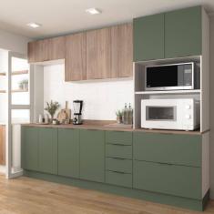 Cozinha Modulada 5 Peças com Tampo 2 Aéreos 2 Balcões 1 Torre Quente Ipanema CabeCasa MadeiraMadeira Acácia/Verde Folha/Branco