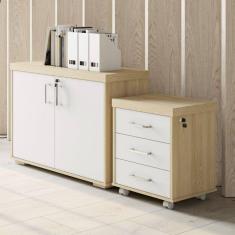 Conjunto Home Office 2 Peças Balcão Baixo 2 Portas com Gaveteiro Volante 3 Gavetas Tamburato Artany Carvalho/Branco