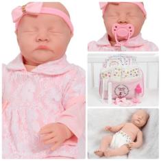 Boneca Reborn 100% Silicone Careca Com Vestido Renda Rosa - Cegonha Re
