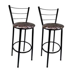 Kit 2 Banquetas Altas Preta com Encosto Assento Floral Marrom