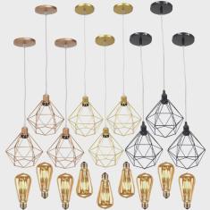 3 Pendentes Aramado Diamante Lustre Cabo Cristal P + 3 Lãmpadas Led ST64 Vintage Retrô Agp Gmh