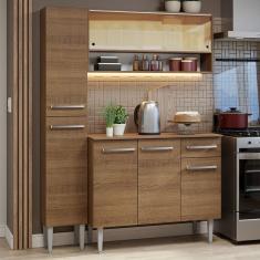 Cozinha Compacta Emilly 7 Portas 1 Gaveta MDF 137cm Marrom com Nicho para Forno e Micro-Ondas