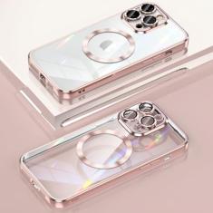 Capa de TPU macia com revestimento magnético de carga sem fio para iPhone 14 Plus 13 12 11 Pro Max Capa de filme de vidro de proteção de lente, rosa, para iPhone 12Pro Max