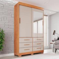 Guarda Roupa com Pés e Espelho 2 Portas 6 Gavetas Luana Cinamomo / Off-White