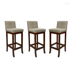 Kit 3 Banquetas Alta com Encosto Matelassê Tóquio Madeira Maciça Maciça Suede Bege CCS
