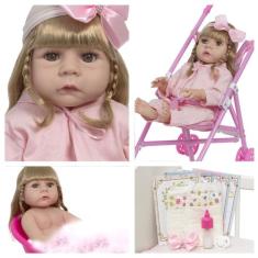 Boneca Reborn Menina Fofa Realista Com Carrinho Infantil - Cegonha Reb