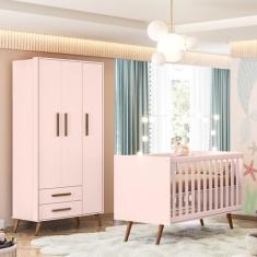 Quarto de Bebê Qencanto com Roupeiro e Berço Qmovi Rosa + Colchão Gazin