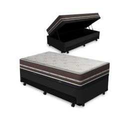 Cama Box Baú e Auxiliar Solteiro Preta + Colchão de Molas - Anjos - Classic Superlastic 88x188x64cm