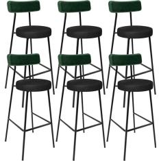 Kit 06 Banquetas Alta Bar Cozinha Sala De Jantar Milão L02 Facto Verde Couríssimo Preto - Lyam Decor