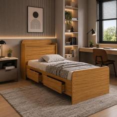 cama solteiro tamires com duas gavetas e prateleira e bau para quarto 