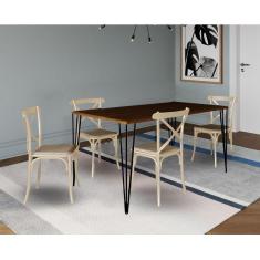 Jogo De Mesa Elen Retangular Tampo De Madeira 140X80Cm Preto Com 4 Cadeiras Katrina Off White