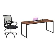 conjunto de mesa kuadra nogal com cadeira de escritório secretária giratória javix preta