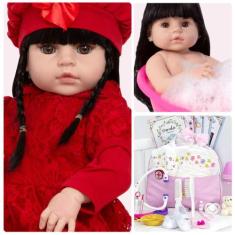 Boneca Reborn de Silicone Morena Linda Com Vários Acessórios - Cegonha