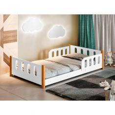Cama Montessoriana Infantil Com Grade De Proteção Camila Branco Com 2 Luminárias E Colchão Divaloto