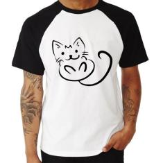 Camiseta Raglan Gatinho Traços - Foca na Moda, Branco, Preto, GG