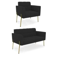 Sofá Namoradeira E Poltrona Base Pé De Ferro Dourado Elisa Veludo D03 