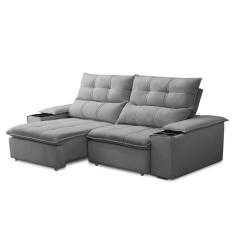 Sofá Retrátil 3 Lugares Com Porta Copo 210cm Malta F05 Veludo Cinza