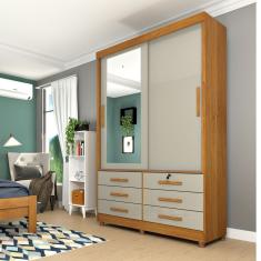 Guarda Roupa Solteiro Com Espelho 2 Portas 6 Gavetas Chicago Tcil Móveis Cinamomo/Off White