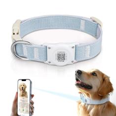 Coleira para cães Airtag QR Code - IP68 à prova d'água integrada Air Tag Suporte de coleira para cães ID - Perfil online de animais de estimação grátis - Cânhamo de algodão natural durável - Serve