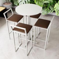 Conjunto Mesa Alta Bar Bistrô Redonda Branca 4 Banquetas Confort Estof