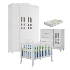 Quarto de Bebê New Selena 4 Portas com Berço Lila e Cômoda Selena Branco Brilho e Colchão Gazin - Carolina Móveis